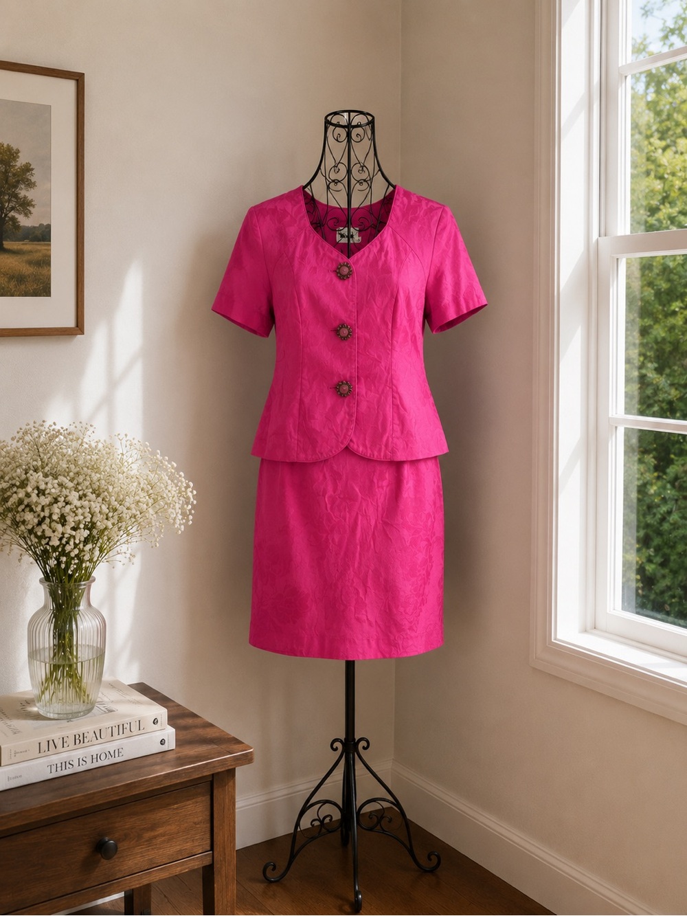 Leslie Fay Vintage Hot Pink Short-Sleeve Skirt Suit size 8
